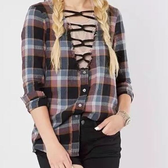 NWT Buckle BKE Gilded Intent Raw edge plaid flannel button down shirt M - Picture 1 of 4